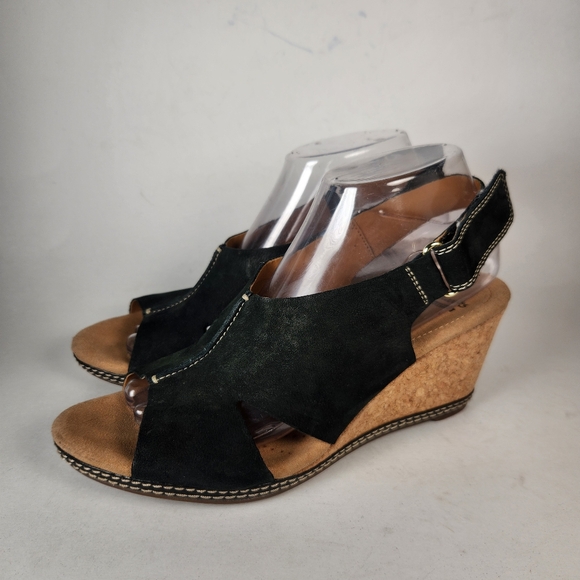 CLARKS Women’s Sandals Size 9 Black Wedge Cork Open Toe Shoes Cushion Soft - Picture 5 of 10